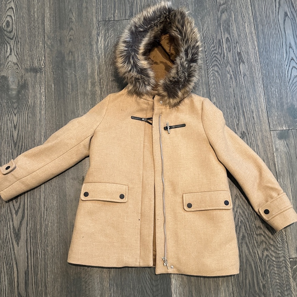 Zara girl brown coat with faux fur hood, size 10